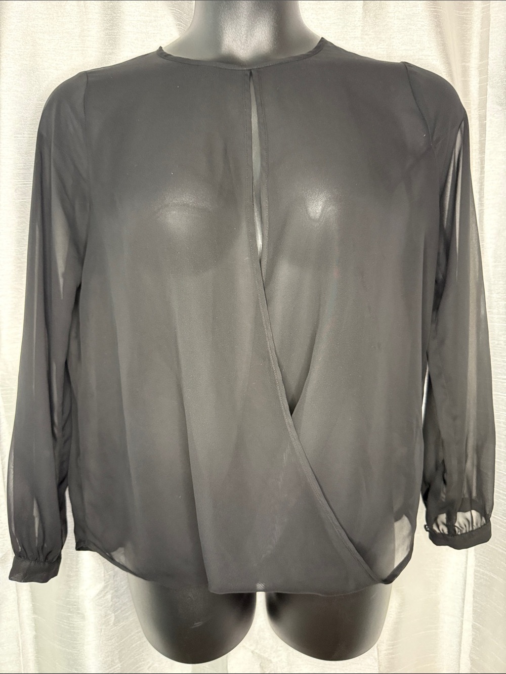 Jennifer Lopez Sheer Black Wrap Drape Front Back Chiffon Blouse Womens M Keyhole